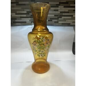 Vtg Tall Amber Vase With Orange Butterfly’s & White Flowers. Beautiful Rare Find